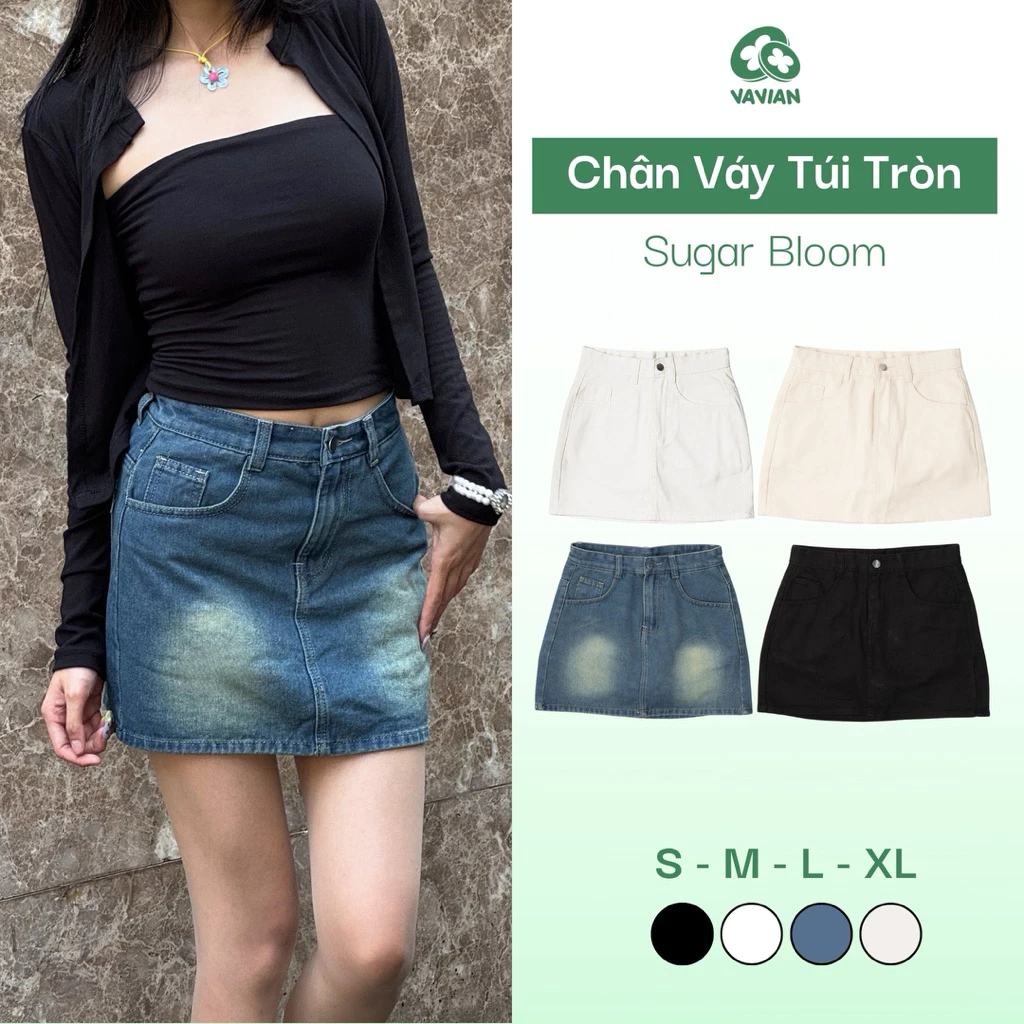 Chân váy jean ngắn thêu NƠ, thêu THỎ, TÚI TRÒN kiểu dáng chử A cạp cao kèm quần trong phong cách ulzzang Hàn Quốc.VAVIAN