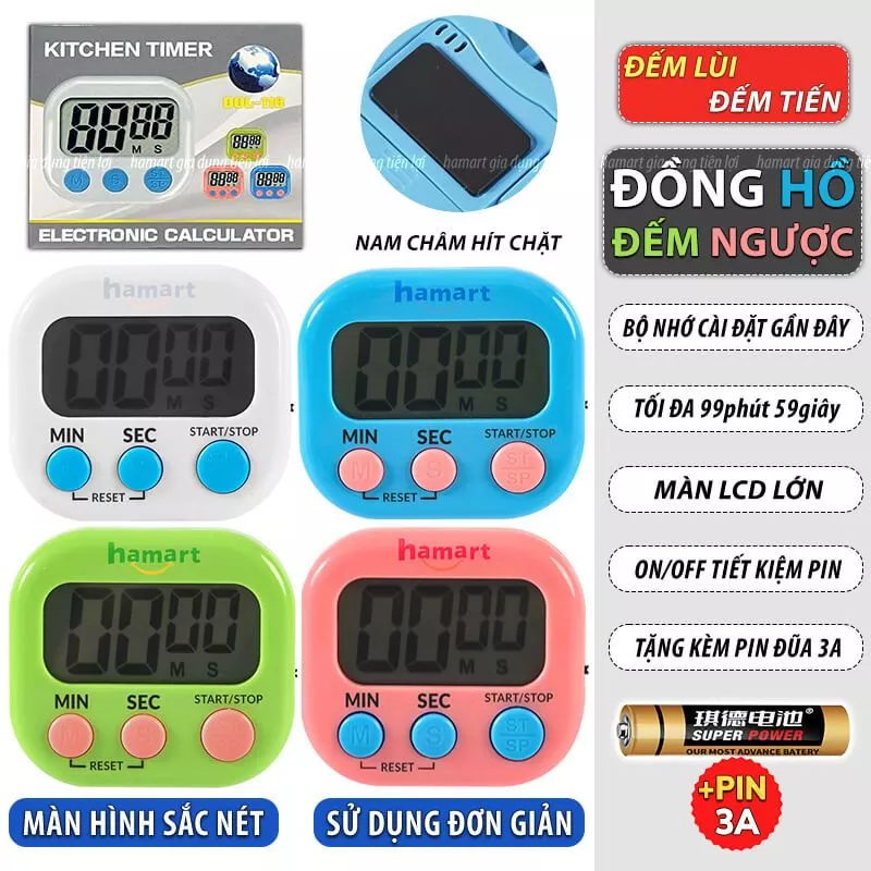 Đồng Hồ Đếm Ngược Đồng Hồ Nấu Ăn Nam Châm Hít Hẹn Giờ 99 Phút Tiện Dụng TẶNG Pin Đũa 3A
