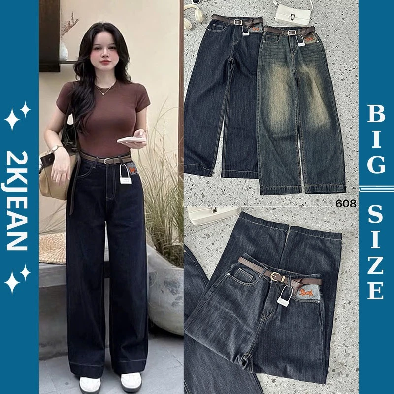 Quần suông ống rộng jean nữ trơn thêu hình túi Bigsize 55-90kg, kiểu dáng ống rộng hàng QC cao cấp 2KJeans QC608