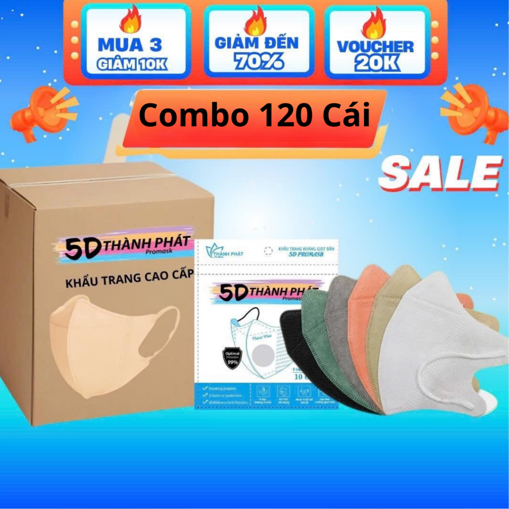 Combo 100 Cái Tặng 20 Cái Khẩu Trang 5D THÀNH PHÁT 3 Lớp Lọc Bụi Mịn Chống Tia…