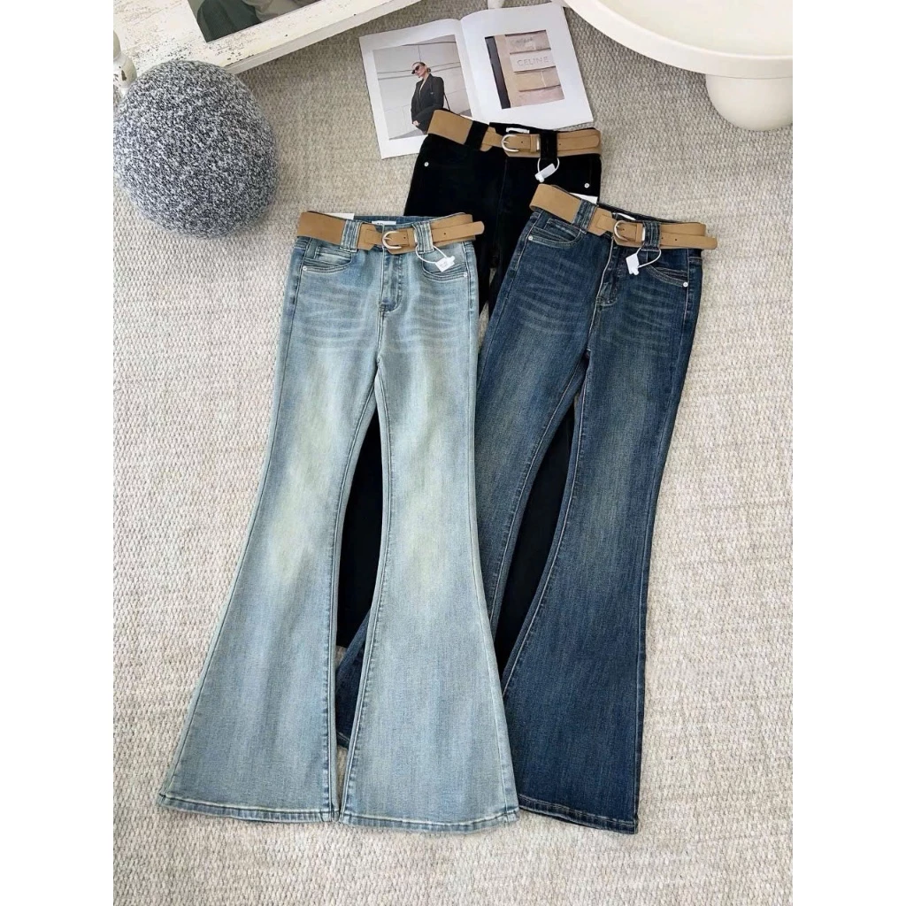 Quần Jean Wash Ống Loe 3 Màu Dáng Dài Ống Loe Nữ Tính Thời Trang