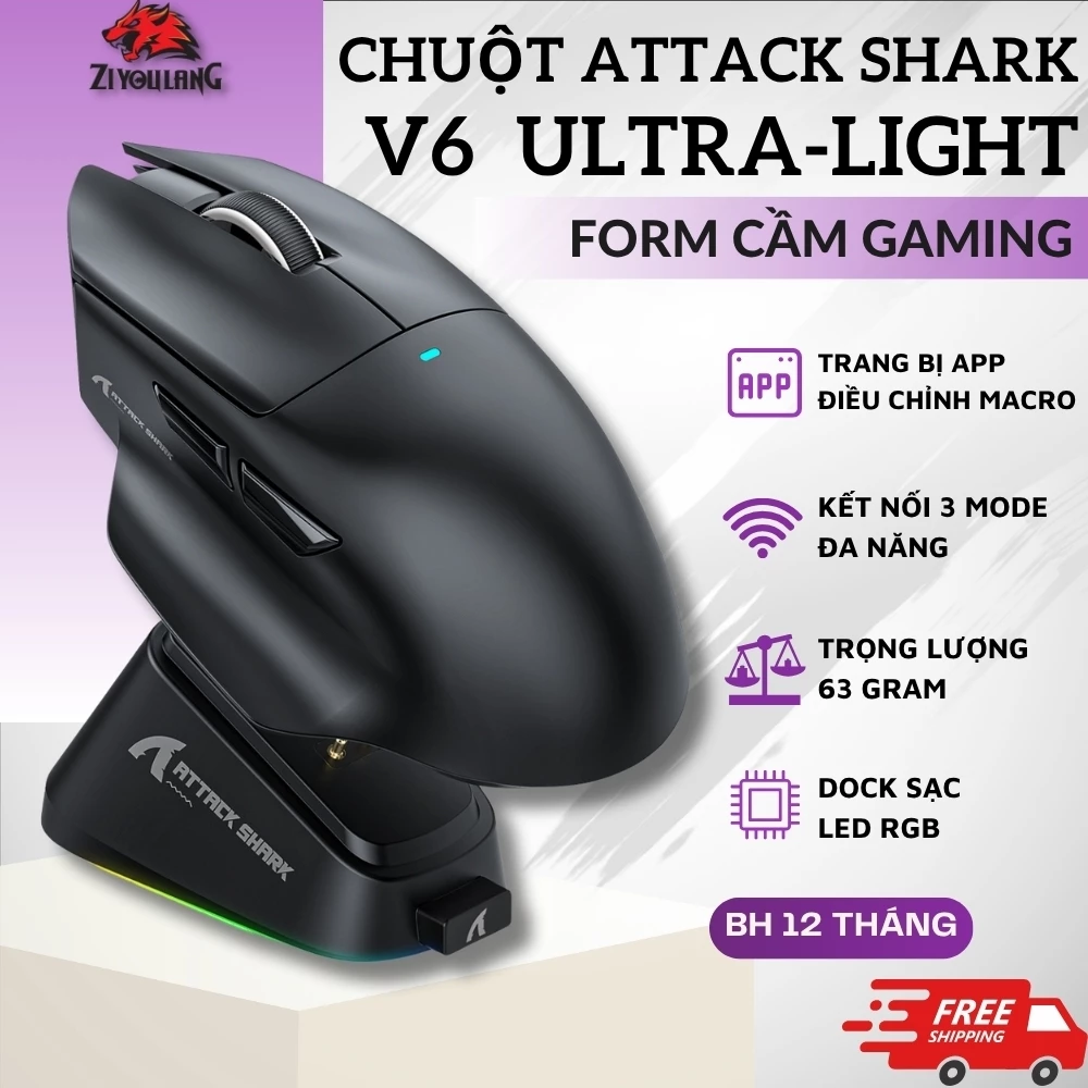 Chuột Gaming Không Dây Attack Shark V6 Ultra-Light – 3 Chế Độ, Mắt Đọc Pixart PAW3311, App Tùy Chỉnh