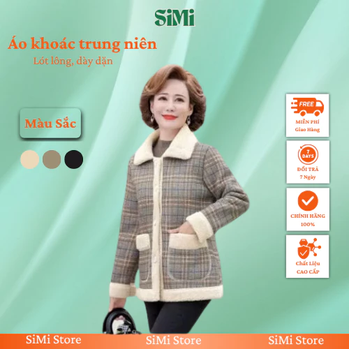 o khoác nữ trung niên lót lông SiMi cao cấp,  mềm ấm, sang trọng, thích hợp làm quà tặng mẹ và bà.