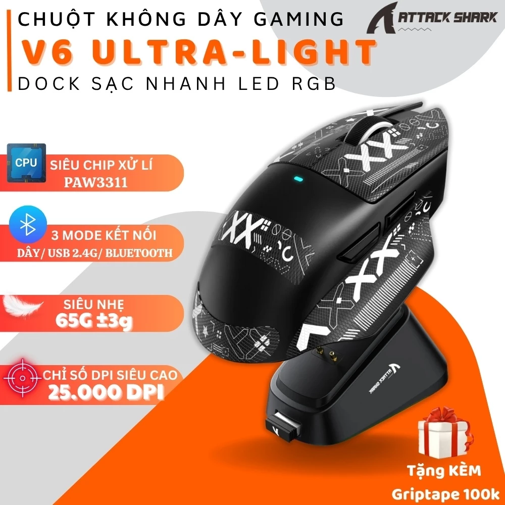 Chuột Gaming Attack Shark V6 Ultra-Light – Độ Trễ Thấp , Hiệu Năng Cao PAW3311, Omron Switch, App