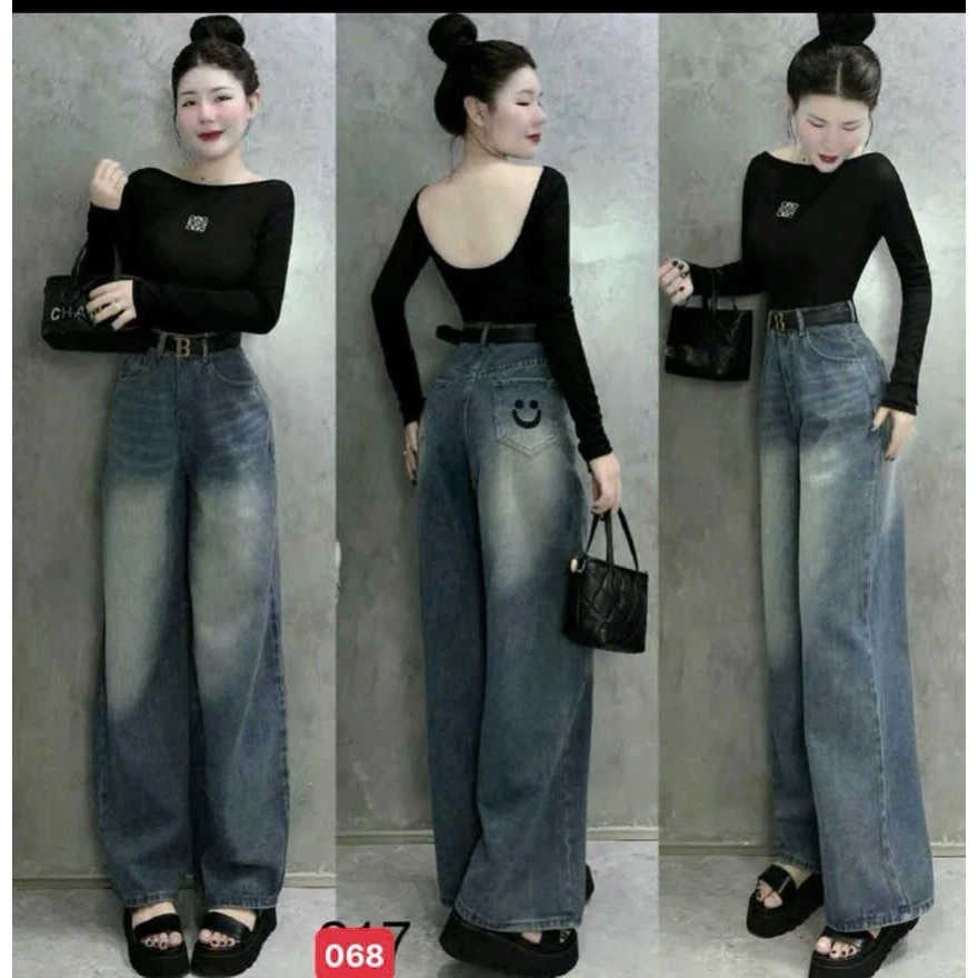 Quần jean suông thêu túi ống rộng - quần baggy nữ chất jean mềm mại không giãn thời trang dễ mix áo - MS068