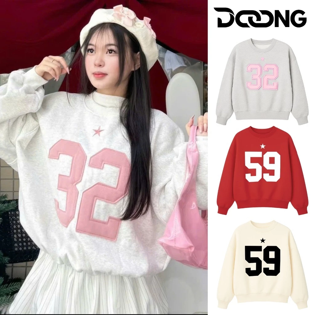 [XẢ HÀNG] Áo SWEATER THÊU NỔI SỐ Chất Nỉ Bông Dày Dặn Unisex BM164, Áo Khoác Nam Nữ số 32, số 59, Form Boxy DOONG