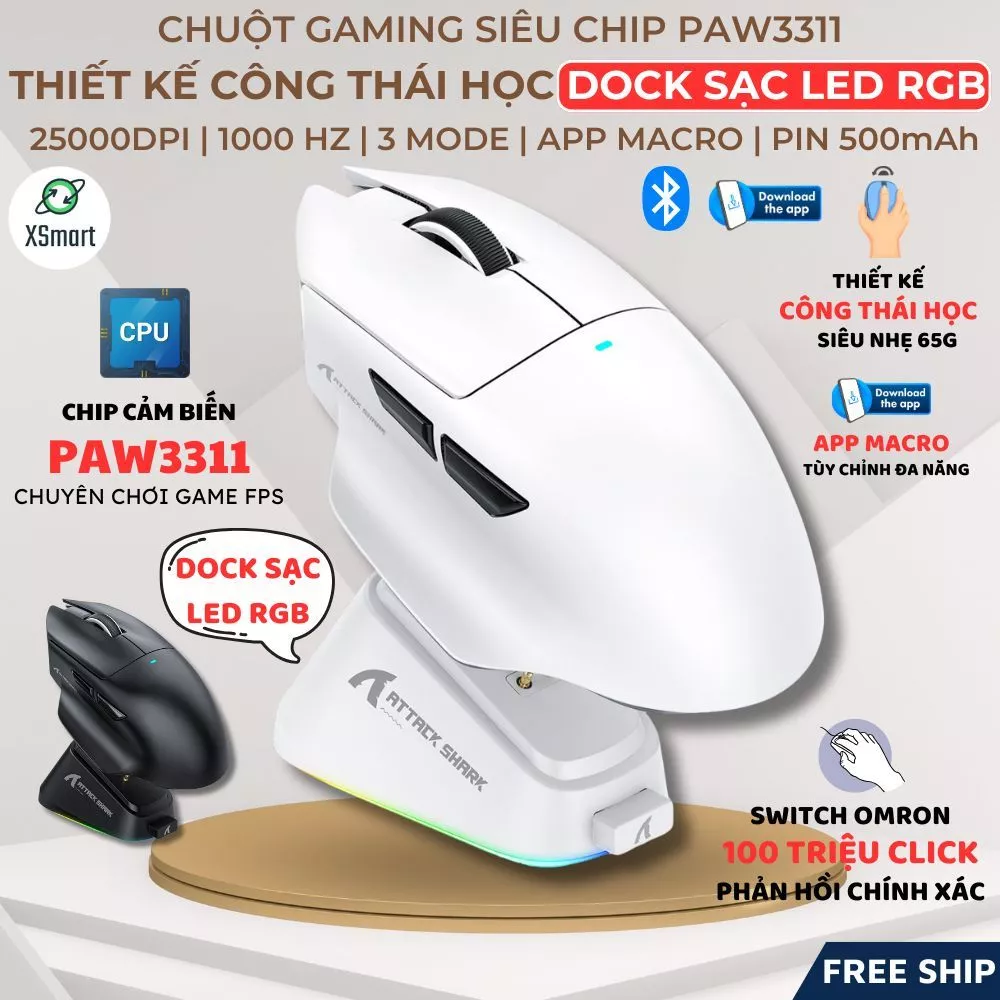 Chuột Gaming Không Dây Attack Shark V6 Dock Sạc Led RGB, Cảm Biến PAW3311, 1000Hz, Có App Macro