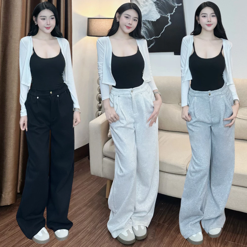 Quần nỉ 2 da ống rộng lưng cao siêu rộng phối cúc khóa trước lưng cao cạp chun dày dặn mềm mịn không xù 23thang9 A246