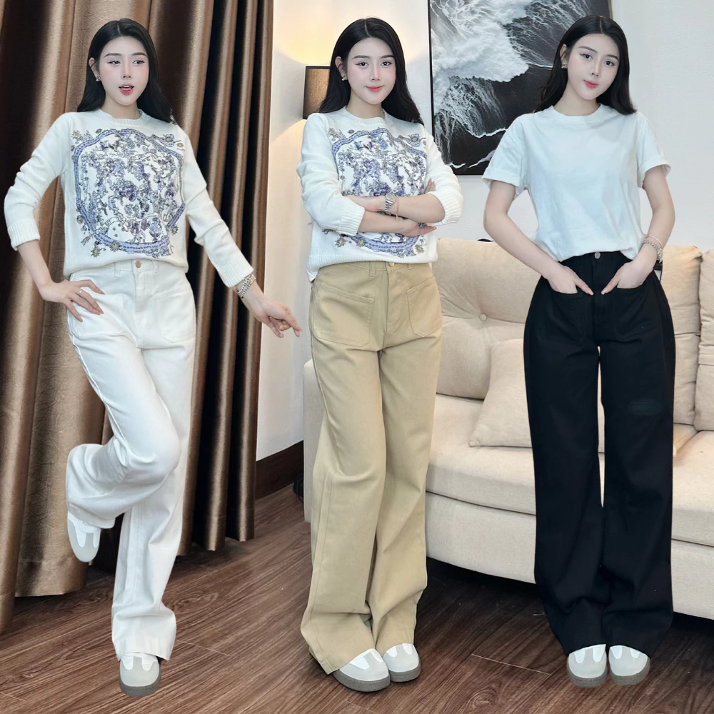 Quần jean kaki ống loe phối túi trước lưng cao bản to dày dặn mềm mịn không xù dài 100cm 23thang A245