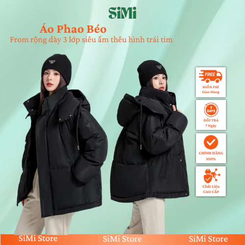 Áo phao béo SiMi nam nữ unisex có mũ Form rộng dày 3 lớp siêu âm thêu trái tim.