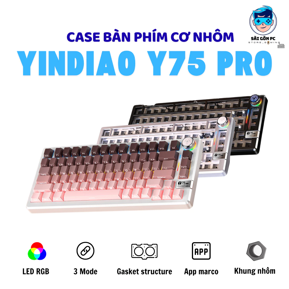 Case bàn phím cơ không dây khung YINDIAO Y75 PRO  - Led RGB - 3 mode kết nối - Hotswapable - APP - Mạch xuôi - Núm xoay