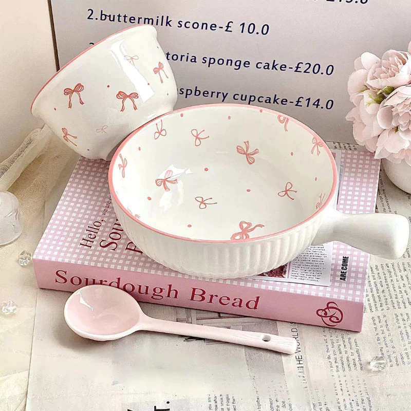 Set Bát Sứ Hình Nơ Xinh Xắn 3 Món Cao Cấp Loại 1 – Bát Sứ Ăn Cơm, Đựng Mì, Salad Dễ Thương