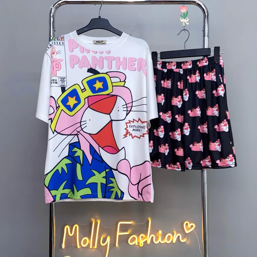 Đồ bộ nam nữ MOLLY FASHION mặc nhà Bigsize – Set quần đùi áo thun lạnh đi chơi, đi biển BÁO HỒNG