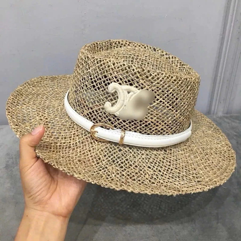 Mũ nón đầu lõm tem trắng đai da, đan thưa