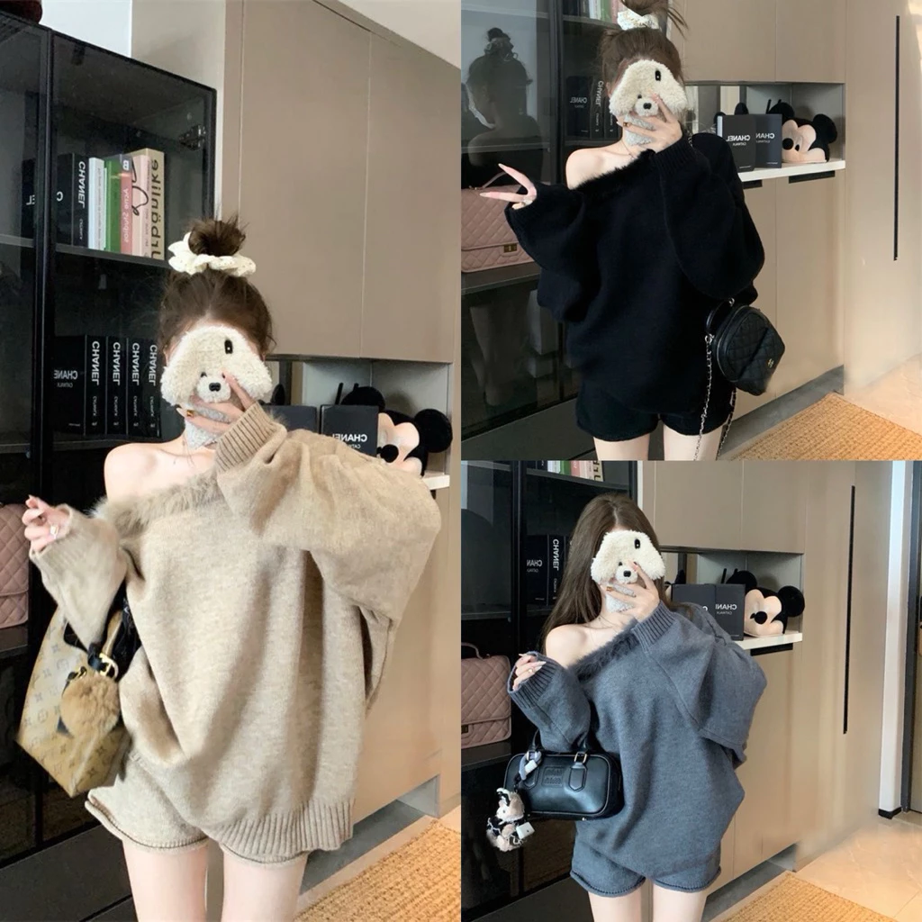 𝐂𝐡𝐚𝐫𝐥𝐨𝐭𝐭𝐞.𝐨𝐝_ Set Áo Len Lệch Vai Phối Lông + Quần Short Mềm Mại Hàng QCCC