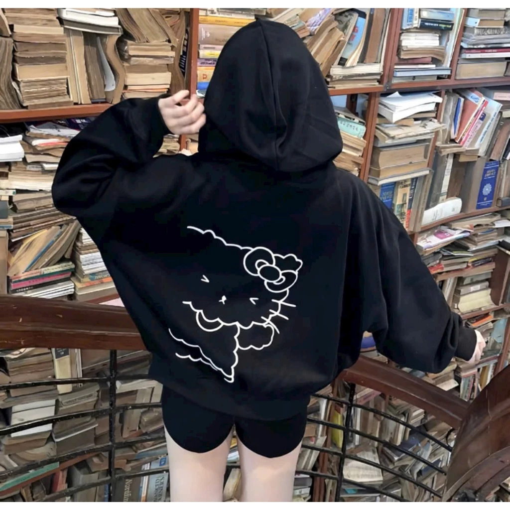 Áo Khoác Hoodie zip Thêu Nổi MÈO Form Boxy, chất vải nỉ bông dày dặn, ấm áp, form rộng khoác ngoài