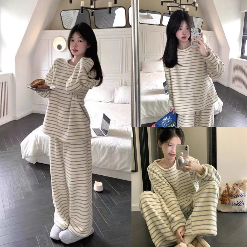 𝐂𝐡𝐚𝐫𝐥𝐨𝐭𝐭𝐞.𝐨𝐝_[KÈM ẢNH THẬT] Bộ Ngủ Nỉ Lông Dài Tay Kẻ Ngang Đơn Giản Ấm Áp Cho Mùa Đông