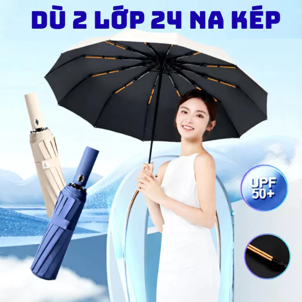 Ô Dù Chống Bão 24 Nan Mở Gấp Gọn Tự Động 2 Chiều, 2 Lớp Che Mưa Nắng, Chống Thấm, Chống Tia UV