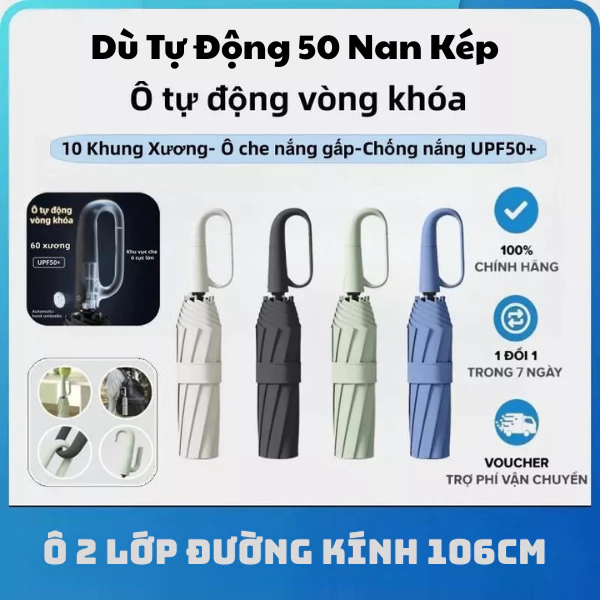 Ô Dù Đóng Mở Tự Động Gấp Gọn Cao Cấp,  Chống Thấm Nước, Kèm Móc Treo Thông Minh UPF50+