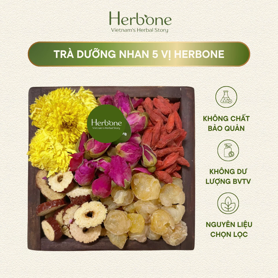 Trà Dưỡng Tâm 5 Vị HerbOne An Thần Ngủ Ngon Đẹp Da Hoa Cúc, Long Nhãn, Nụ Hồng, Táo Đỏ, Kỷ Tử