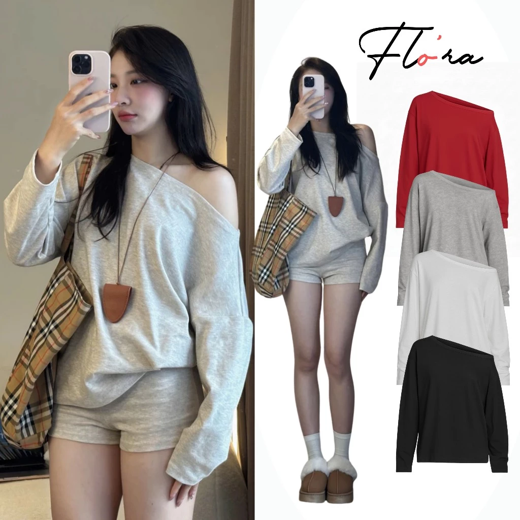 Áo Thun TAY DÀI LỆCH VAI Form Rộng Dáng Dài DD154, Áo Thun Nữ Trơn Trễ Vai Thun Cotton Flo'ra