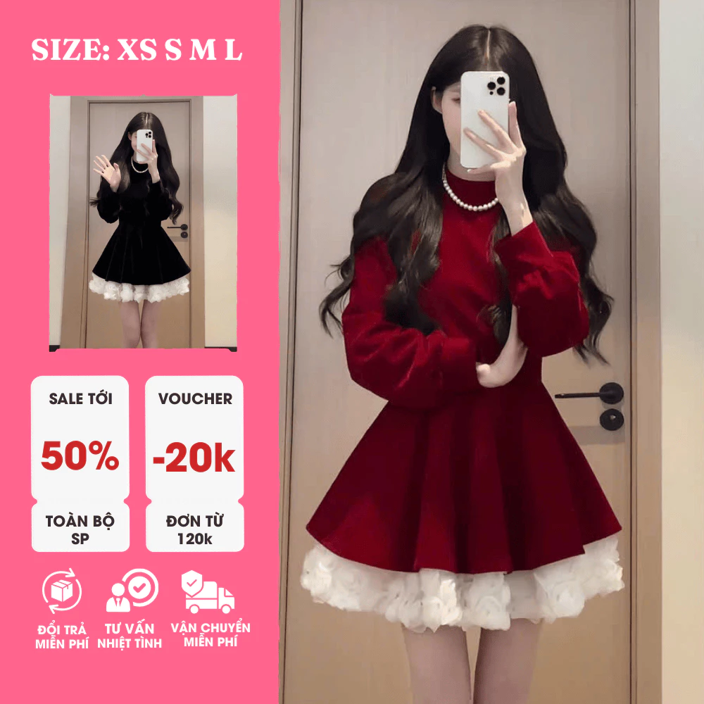 Đầm Nhung Công Chúa Phối Hoa 3D – Xoè Bồng, Sang Trọng, Ngọt Ngào (Có Size XS)