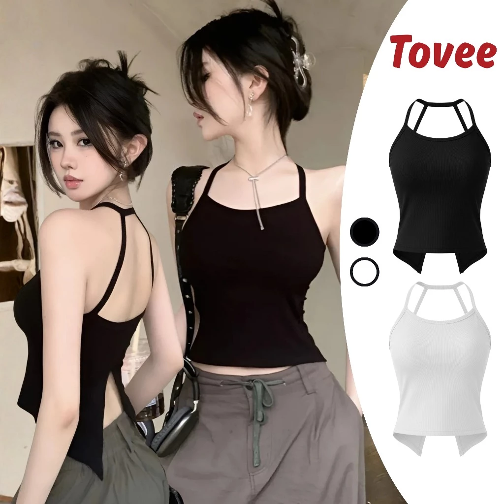 Áo Croptop CỔ YẾM XẺ LƯNG Ôm Cổ Có Mút Ngực Vạt Lưng Nhọn ôm body CR56, Áo thun nữ hai dây thun borip đẹp TOVEE