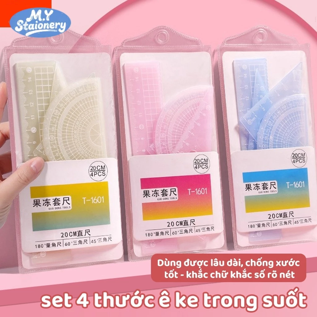 M.Y Bộ 4 thước kẻ màu jelly trong suốt: Thước thẳng 20cm, Êke 180°, 60°, 45° - Đồ dùng học tập & vẽ kỹ thuật