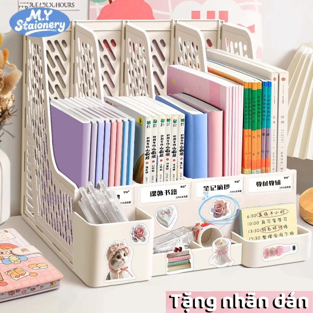 Kệ đựng tài liệu 4 ngăn bằng nhựa, kệ sách để bàn cho học sinh văn phòng, hộp lưu trữ hồ sơ tiện lợi