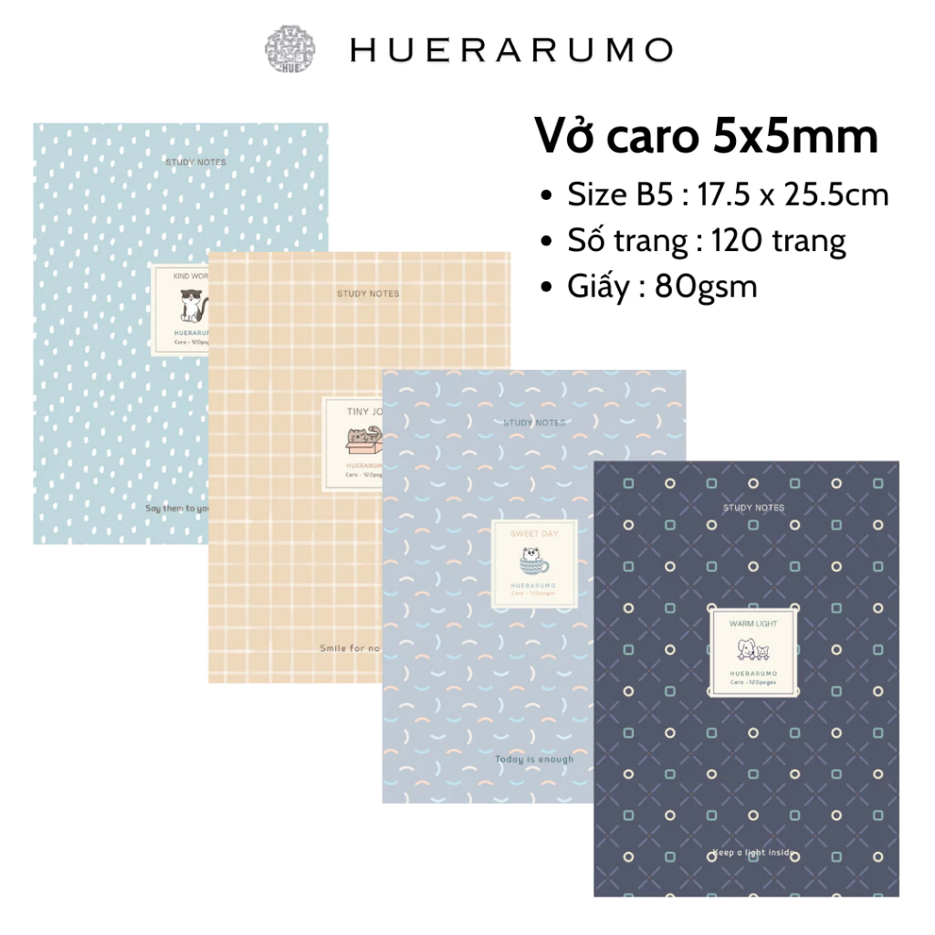 Vở Caro B5 120 Trang HUERARUMO – Bộ Sưu Tập Simple Joys – Giấy Vàng Chống Lóa 80gsm, May Gáy.