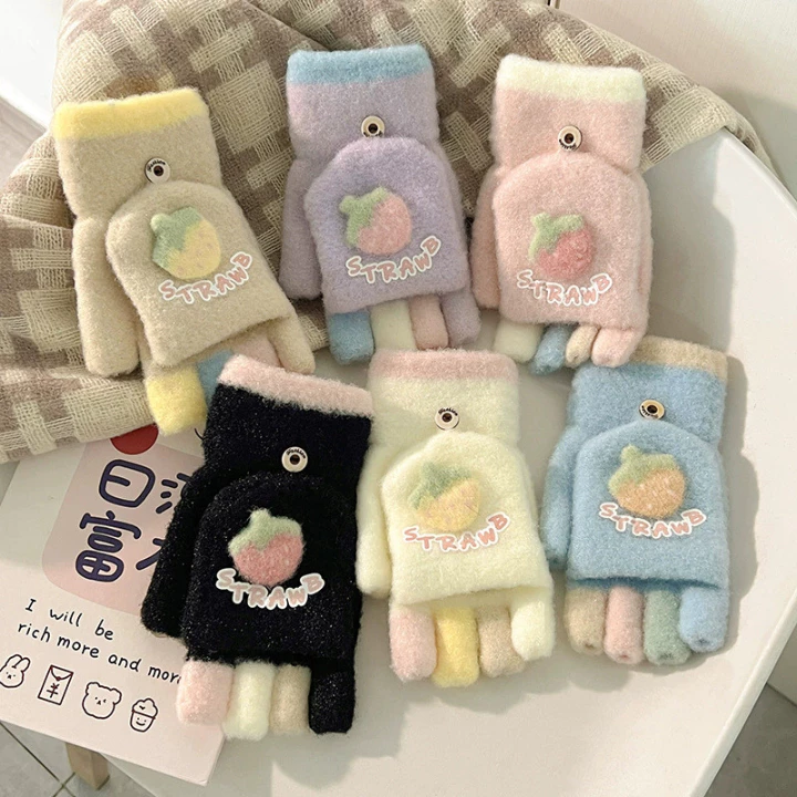Găng Tay Hở Ngón Mềm Mại Dày Dặn Giữ Ấm Mùa Đông Cho Nữ, Găng Tay Len Lót Nỉ Màu Pastel Dễ Thương Chống Buốt Tay