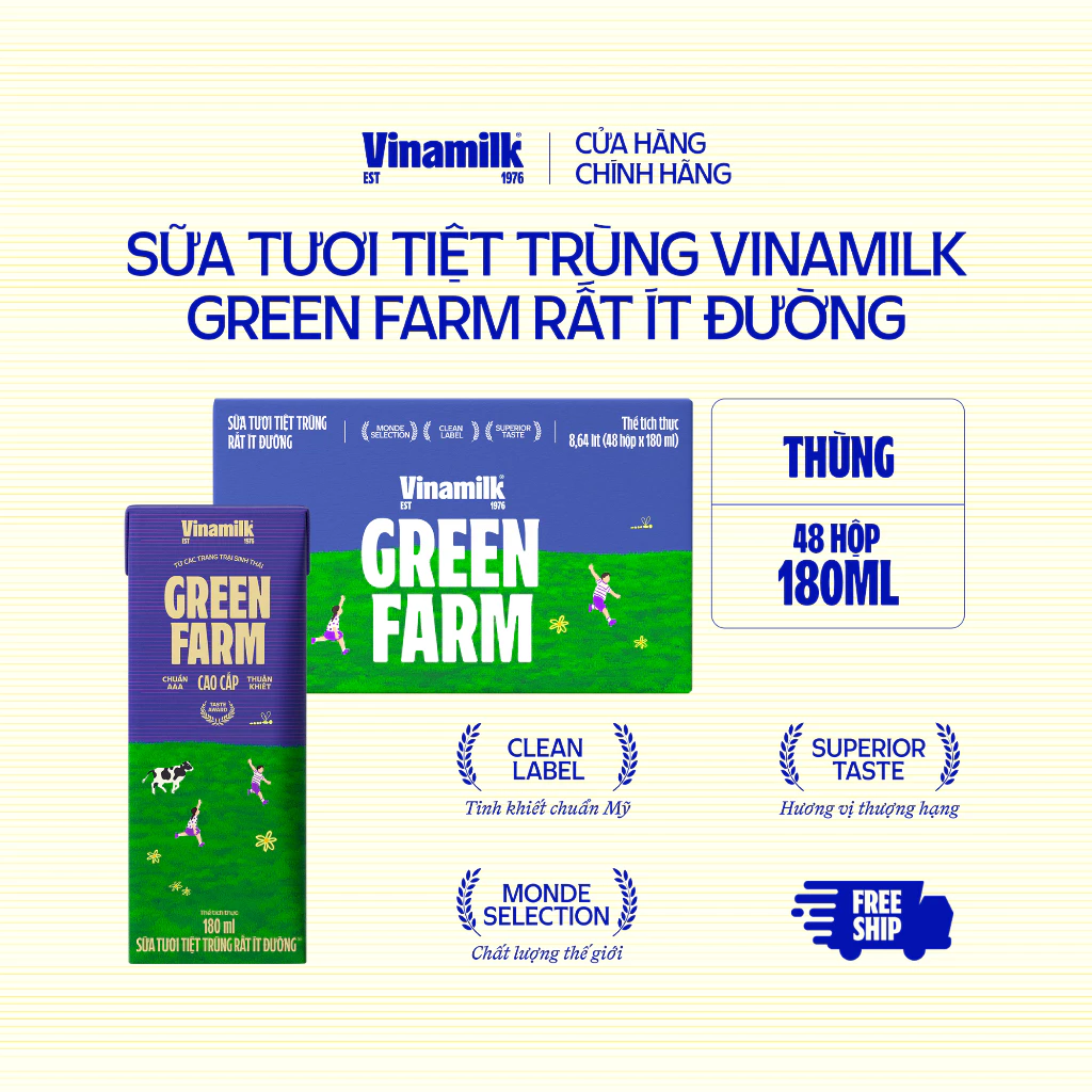[AFF] Thùng 48 Hộp Sữa Tươi Tiệt Trùng Vinamilk Green Farm Rất ít đường 180ml [Có thể nhận bao bì Tết/ Thường