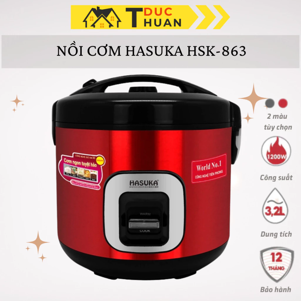 Nồi cơm điện HASUKA HSK-863, nồi cơm điện 3.2L chống dính ceramic cao cấp - BH chính hãng 12 tháng