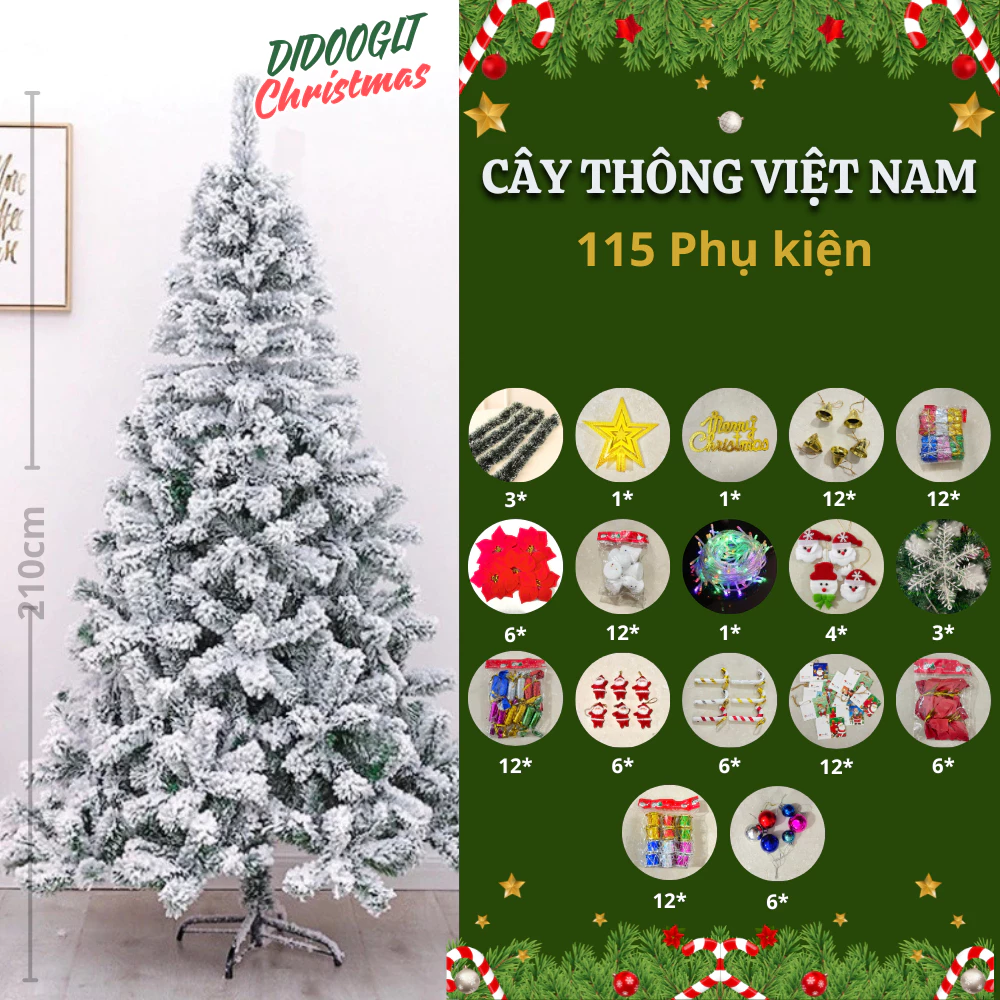 Cây Thông Noel Phủ Tuyết 2m1 1m8 1m5 Tặng Kèm Set Phụ Kiện Trang Trí - Cây Thông Giáng Sinh