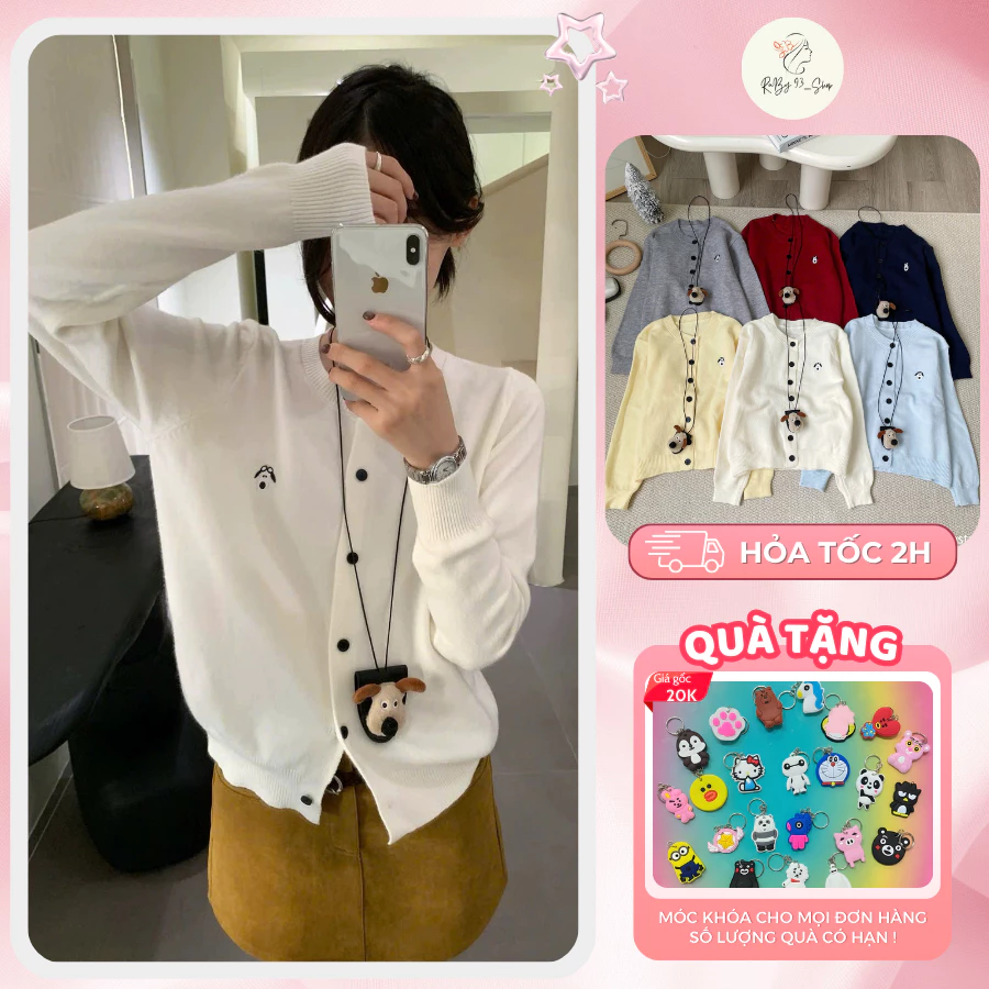 [TẶNG PHỤ KIỆN] Áo khoác len cardigan thêu hình đáng yêu tặng dây đeo cổ, áo khoác nữ len phong cách Hàn Quốc