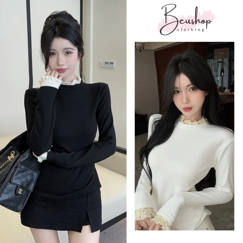 Áo Nỉ Giữ Nhiệt Nữ PHỐI REN Co Giãn 4 Chiều Ôm BODDY Áo Nỉ Giữ Nhiệt Trắng Đen Tôn Dáng Dễ Phối Đồ