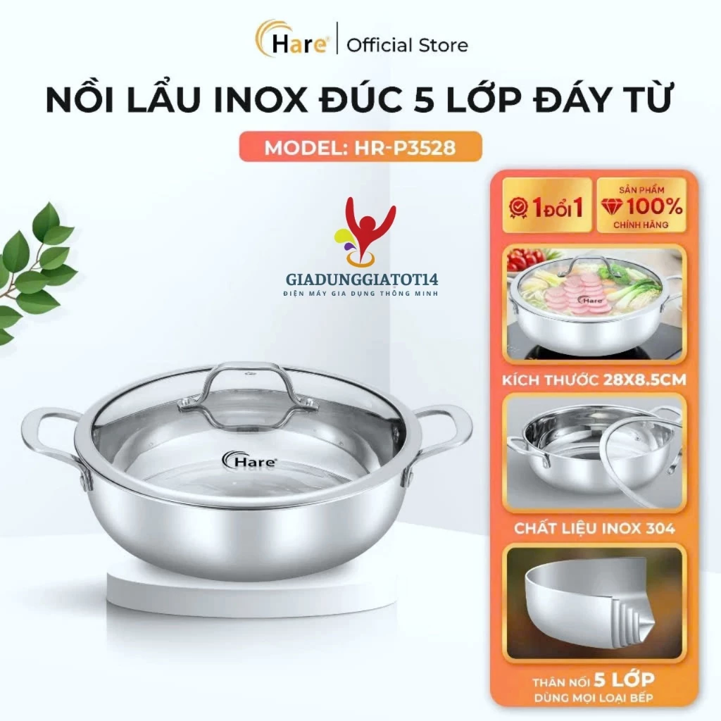 Nồi lẩu Inox 304 Hare HR-3528 size 28cm, đáy từ 5 lớp chống dính, dùng được bếp ga điện, BH 24 tháng