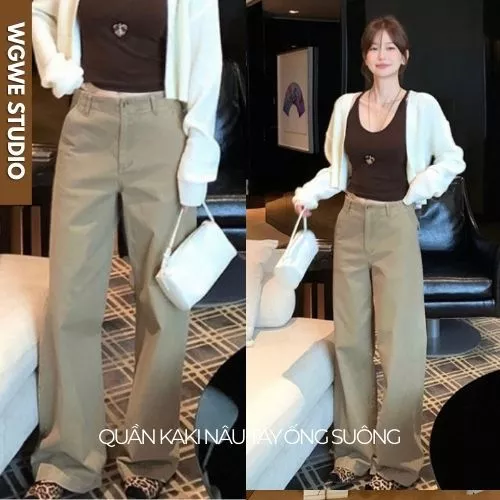 WGWE Quần Kaki Ống Suông Rộng Nữ 7624 – Form Suông Co Giản Big Size, Màu Nâu Tây Phong Cách Hàn Quốc