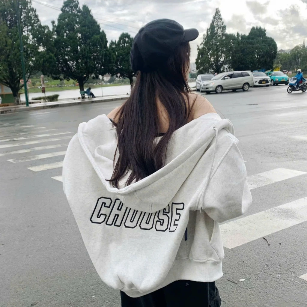 Áo Khoác Hoodie Zip CHOOSE Thêu Chữ - Nỉ Bông Dày, Form Rộng Boxy Unisex, Áo Khoác Ngoài Phong Cách Hàn Nam Nữ