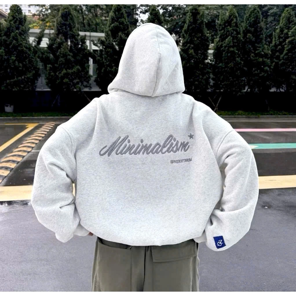 Áo Khoác Hoodie zip form boxy vải nỉ bông thêu chữ Minimalism màu đen và xám form rộng nón to có túi trong