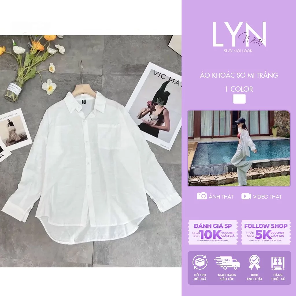 | LYN WEAR | Áo khoác sơ mi trắng nữ form rộng tay dài vạt bầu đũi voan xước mỏng nhẹ đi biển
