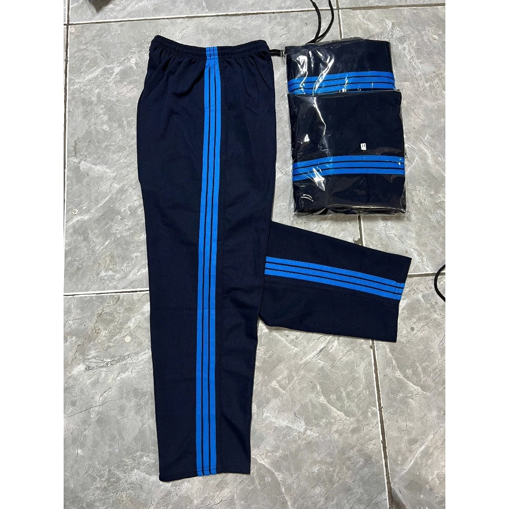 Quần Thể Dục Học Sinh Viền Sọc Xanh Dương Chất Vải Thun Chéo Màu Tím Than Đủ Size Từ 18-90kg