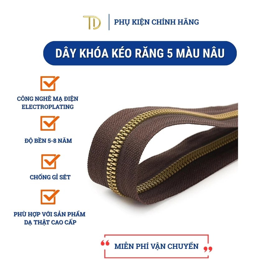 Dây khóa kéo kim loại, dây khóa kéo răng 5 màu nâu độ bền cao dùng cho quần áo, túi xách