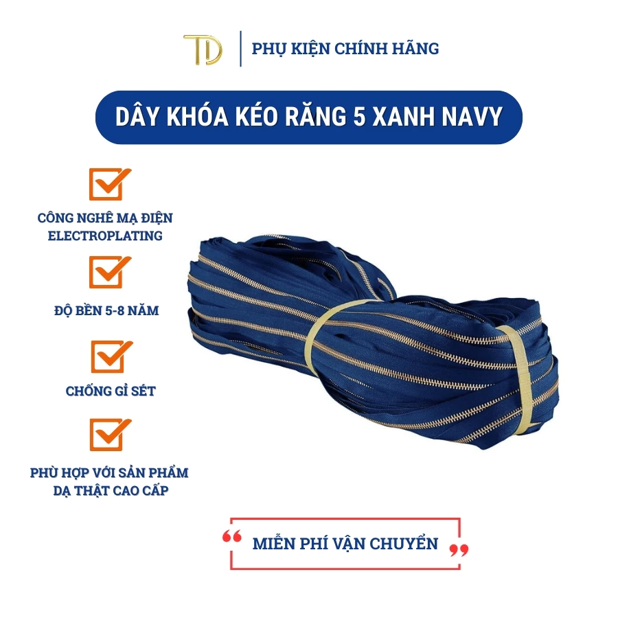 Dây khóa kéo túi xách, dây khóa kéo kim loại, dây khóa kéo răng 5 xanh, Mạ điện độ bền 5-8 năm