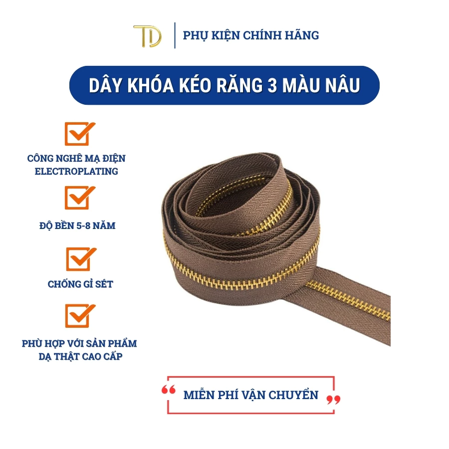 Dây khóa kéo túi xách, dây khóa kéo kim loại, dây khóa kéo răng 3 nâu, Mạ điện độ bền 5-8 năm