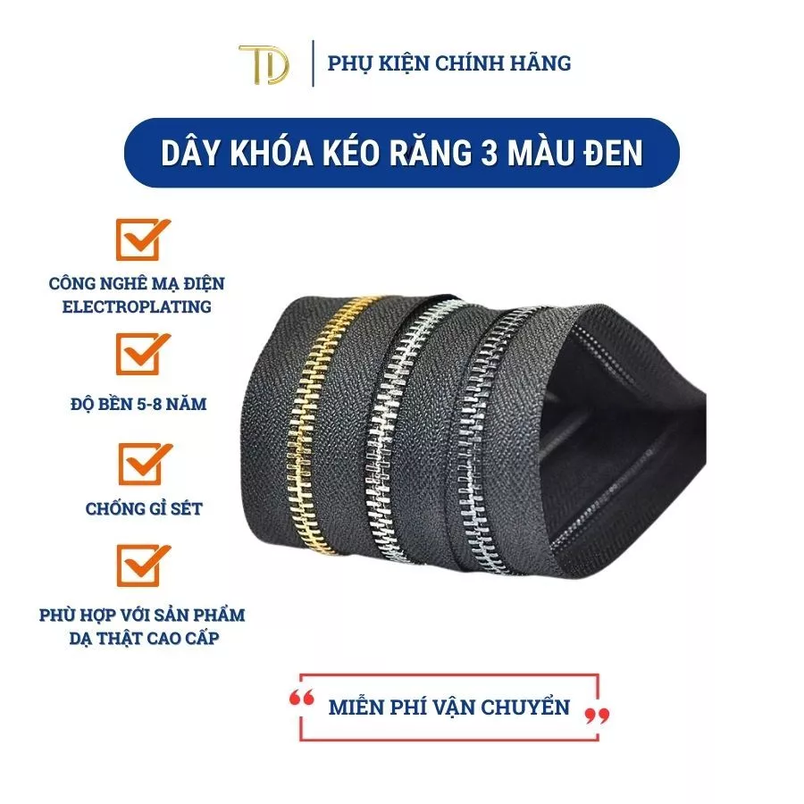 Dây khóa kéo túi xách, dây khóa kéo kim loại, dây khóa kéo răng 3 đen, Mạ điện độ bền 5-8 năm
