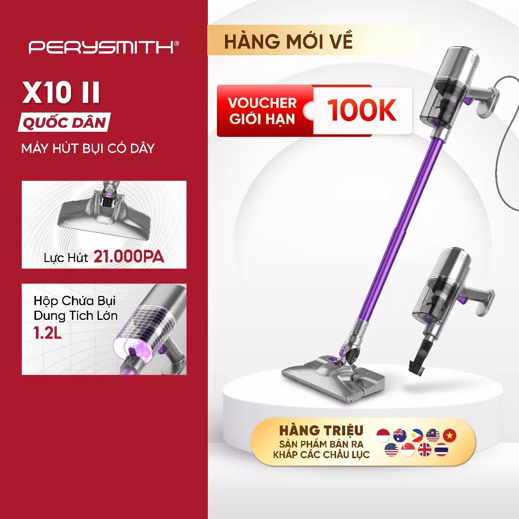 [K]Máy hút bụi có dây PerySmith X10-II, lực hút 21.000 Pa, hộp bụi lớn 1,2L, động cơ 500W