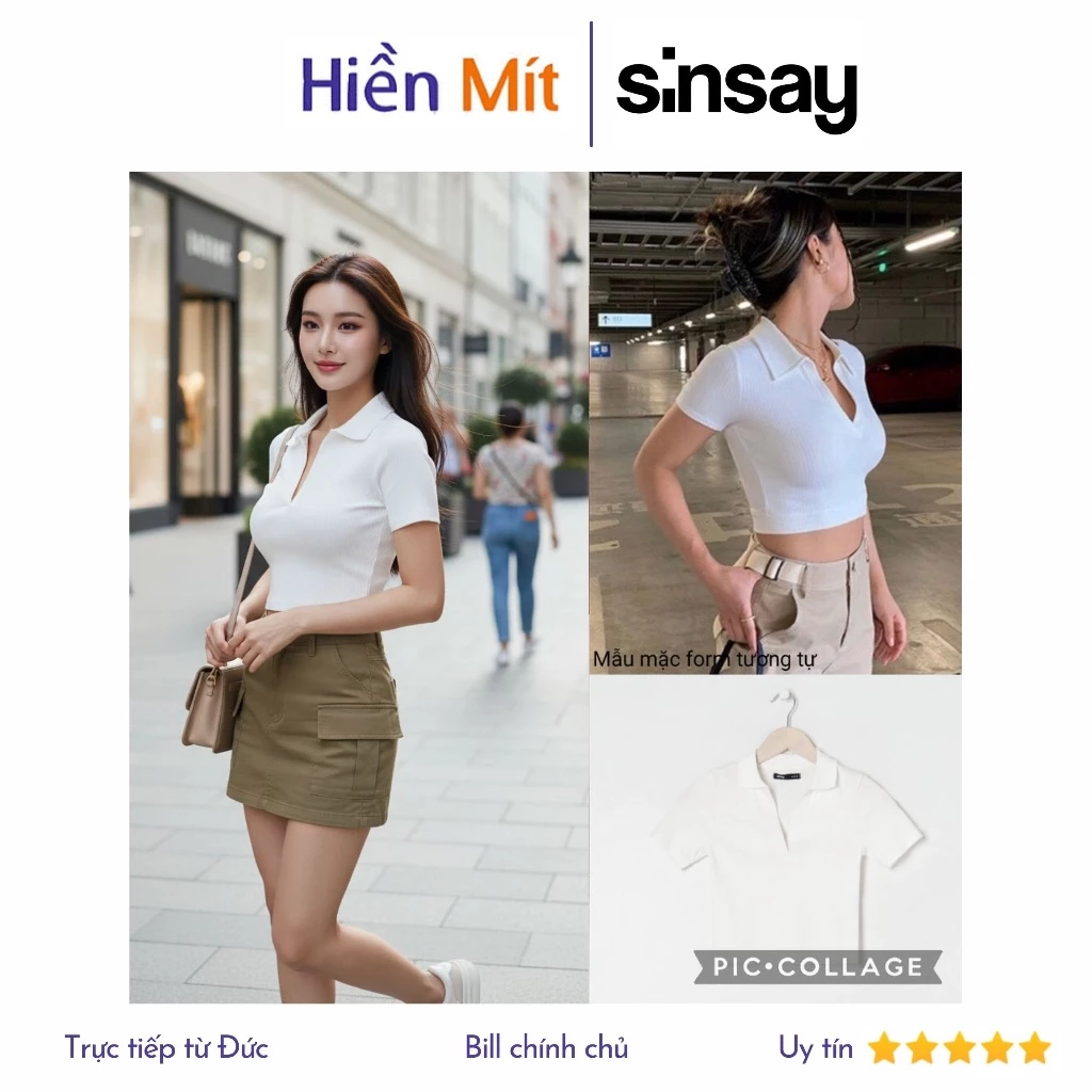(Size XS) Sinsay Đức - Áo Croptop body cổ Polo chữ V màu trắng sale auth cao cấp chính hãng có sẵn 7879J-01X