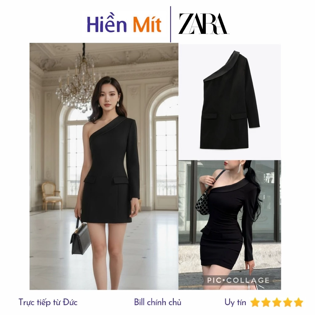 (Size XS, S, M) ZARA Đức - Đầm body ngắn lệch vai một tay dài vest blazer dự tiệc màu đen sale auth new tag