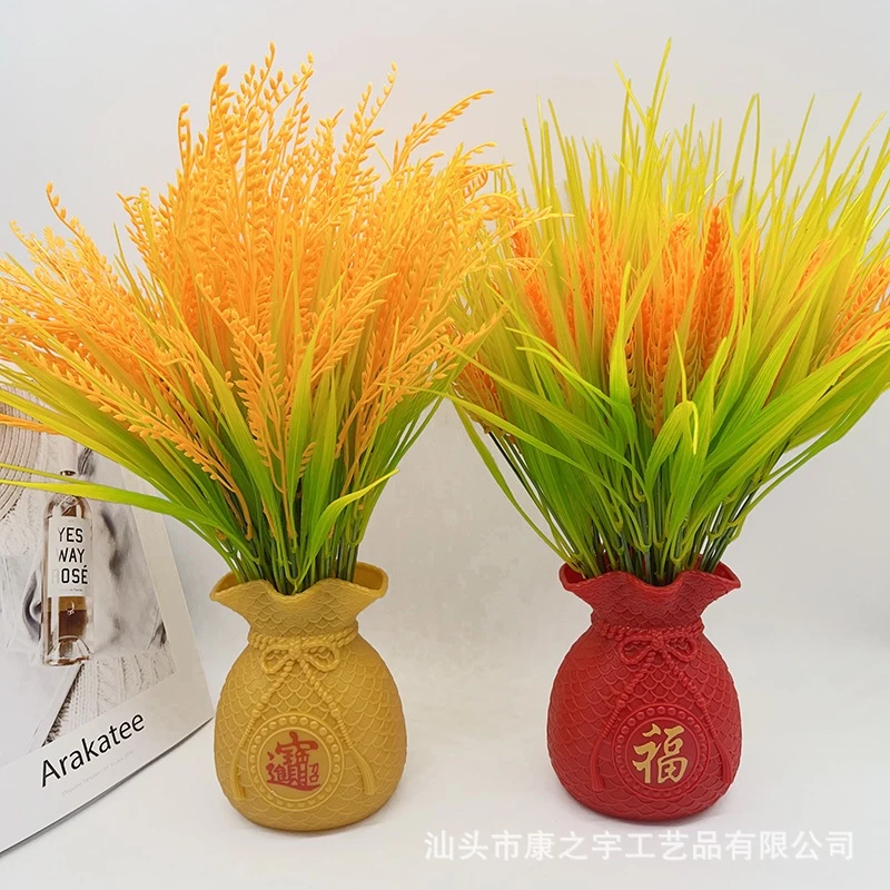 Cụm bình lúa tài lộc - Cây lúa nhựa  cao 42cm chín vàng trĩu bông giống thật, trang trí phòng, thần tài